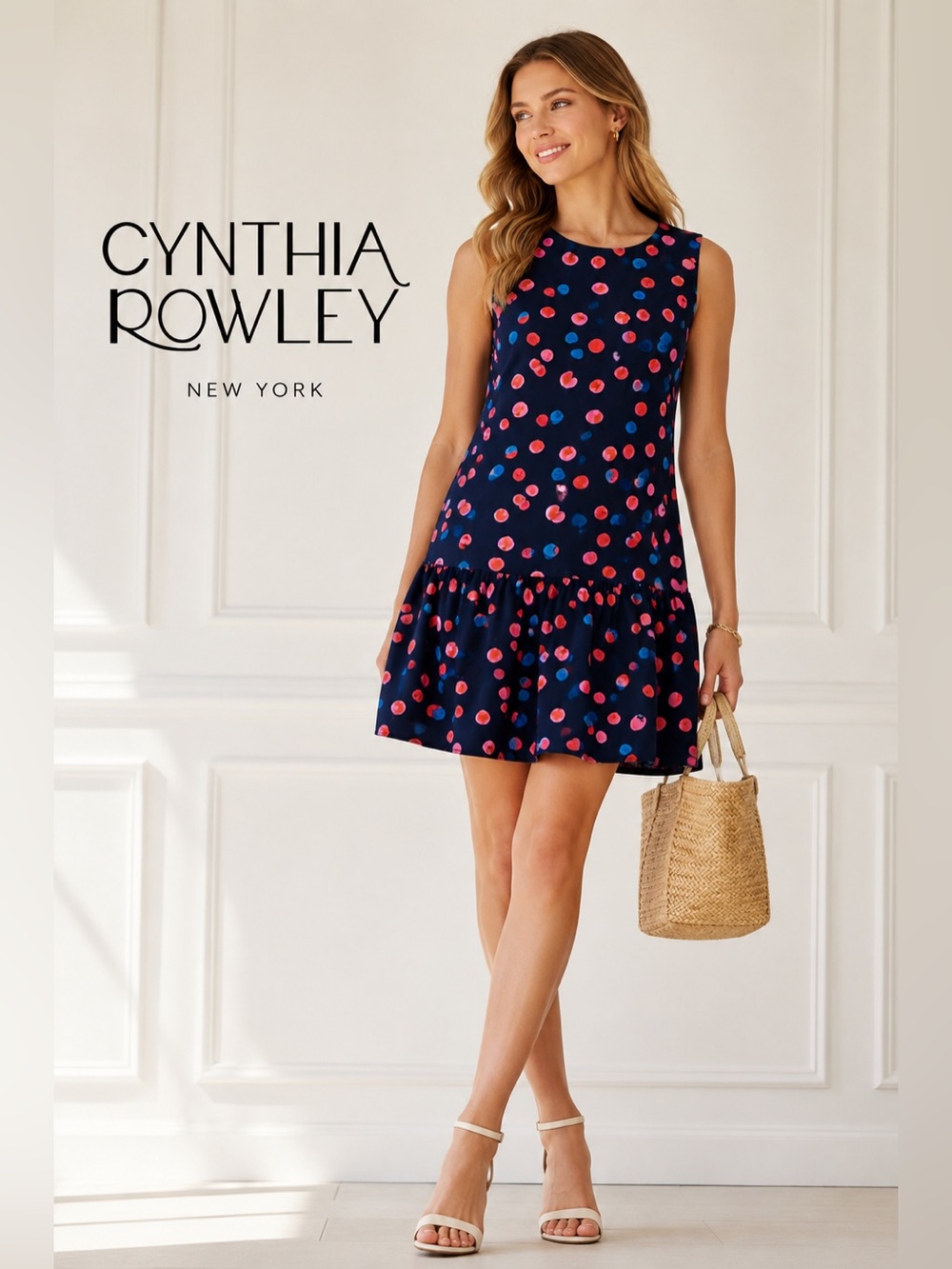 Cynthia Rowley Cherrycore Drop Waist Dress  6 Navy Sleeveless Mini Coastal A5